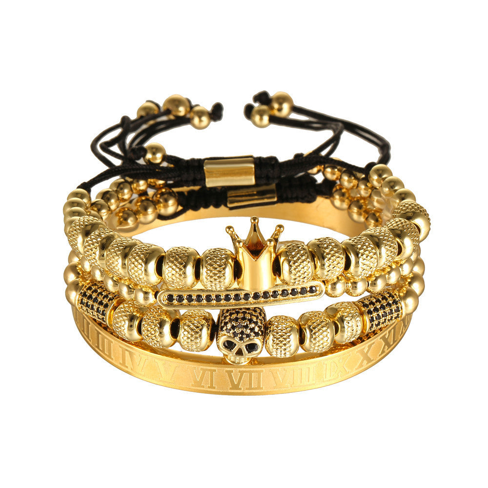 Stainless Steel Roman Letter Copper Inlaid Zircon Crown Skull Bracelet