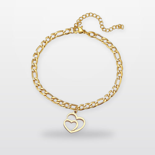 Stainless Steel Double Heart Charm Gold Chain Bracelet
