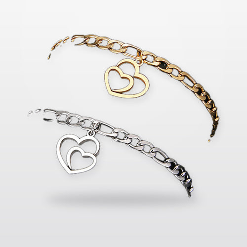 Stainless Steel Double Heart Charm Gold Chain Bracelet